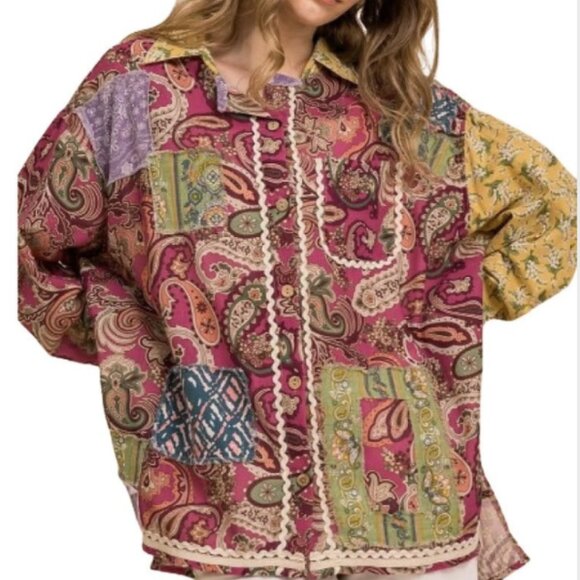 BLUE VELVET PAISLEY PATCHWORK OVERSIZED SHACKET - Picture 2 of 11